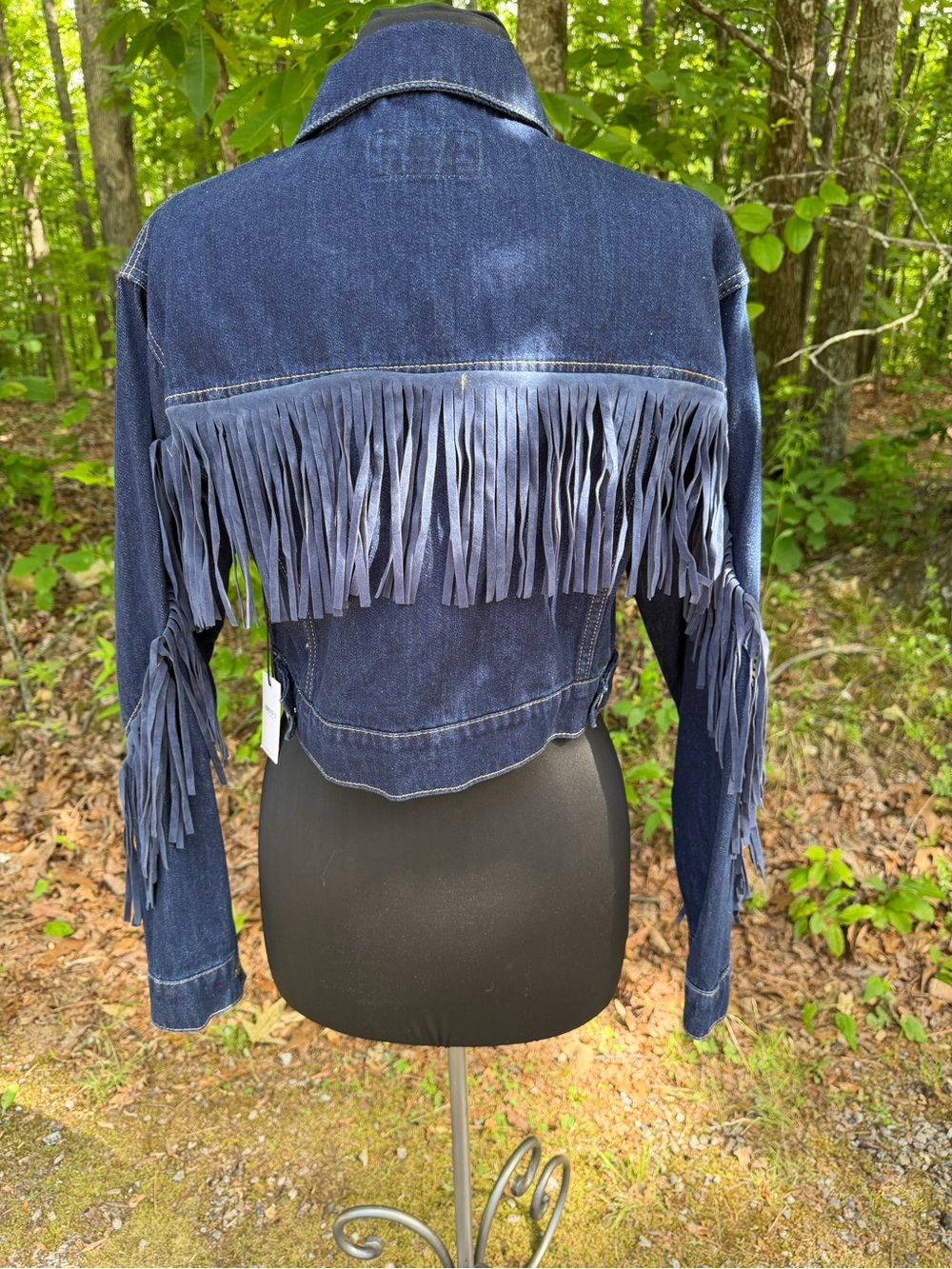 Forever 21 Dark Blue Cropped Denim Jacket with Fringe Sleeves